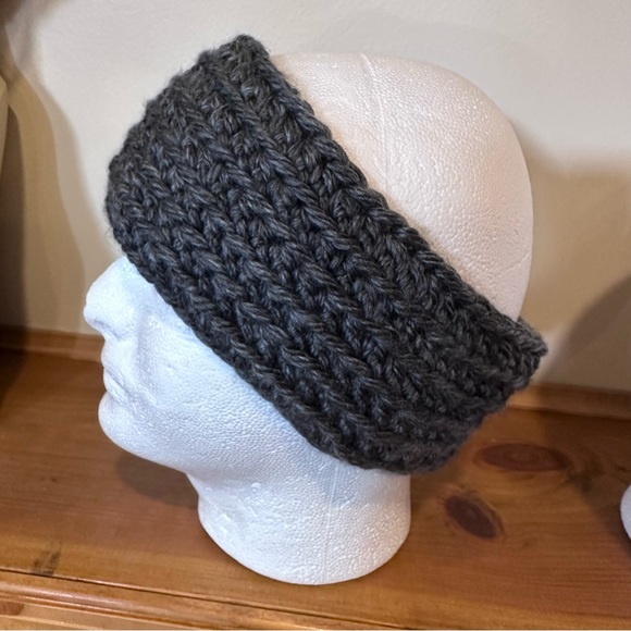 Unisex, chunky charcoal, hand knit, headband/ear warmer band. 4” x 22”. - Picture 3 of 10